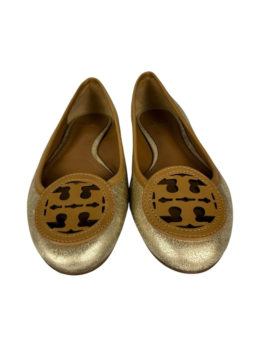 Tory Burch Louisa Gold Metallic Tan Logo Ballet Flats Sz 5.5